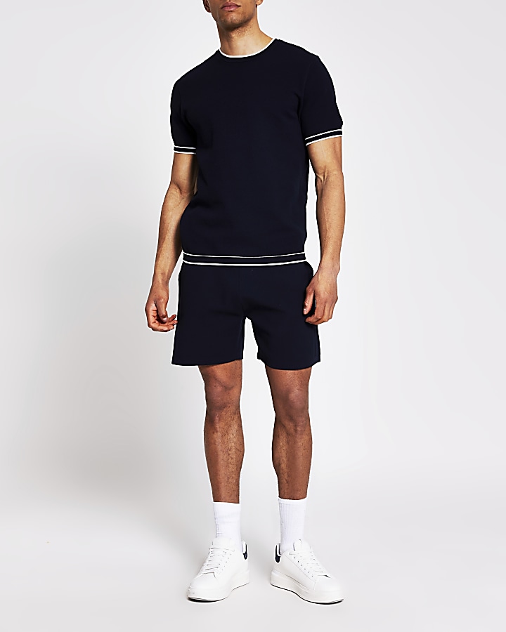 Navy knit elasticated contrast waist shorts