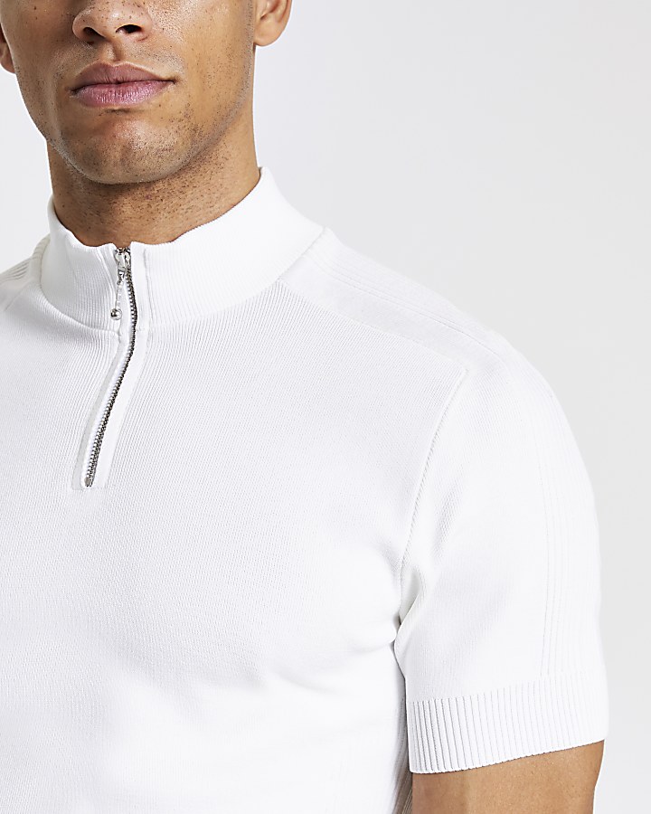 White half zip short sleeve knitted T-shirt