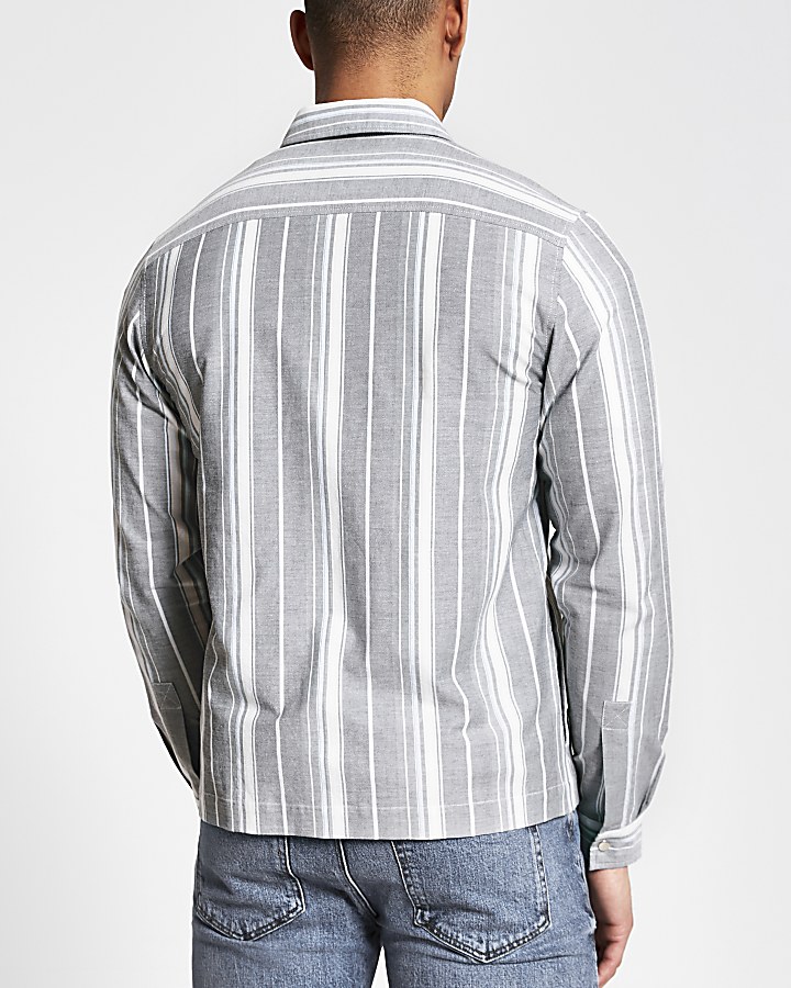 Grey stripe zip front long sleeve shacket