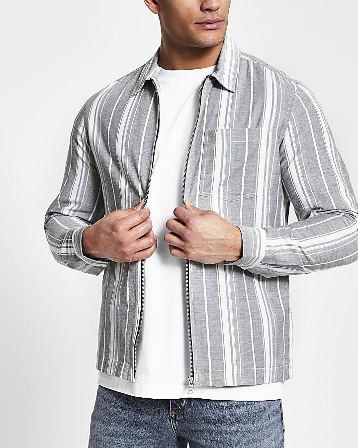 Grey stripe zip front long sleeve shacket