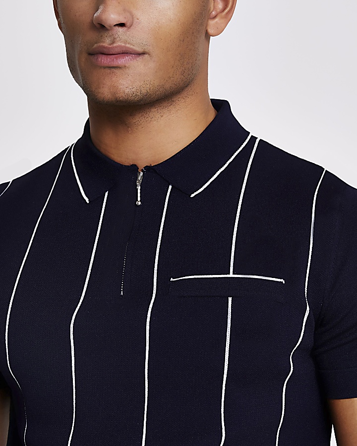 Navy stripe slim half zip knitted polo shirt