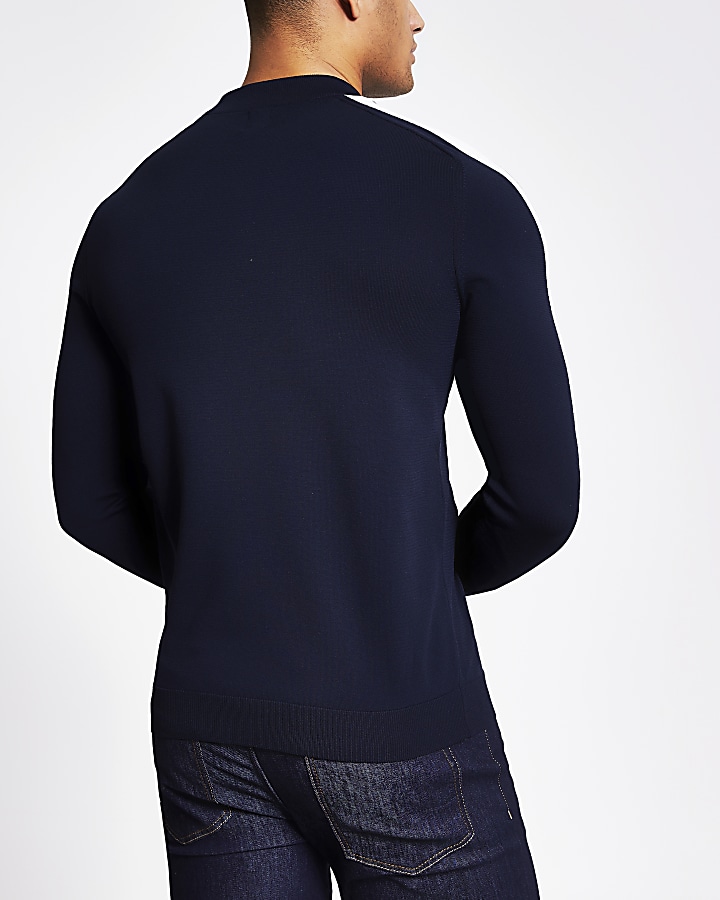 Navy stripe sleeve slim fit knitted jumper