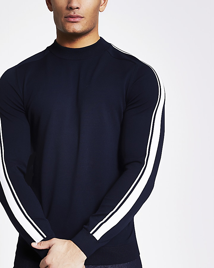 Navy stripe sleeve slim fit knitted jumper