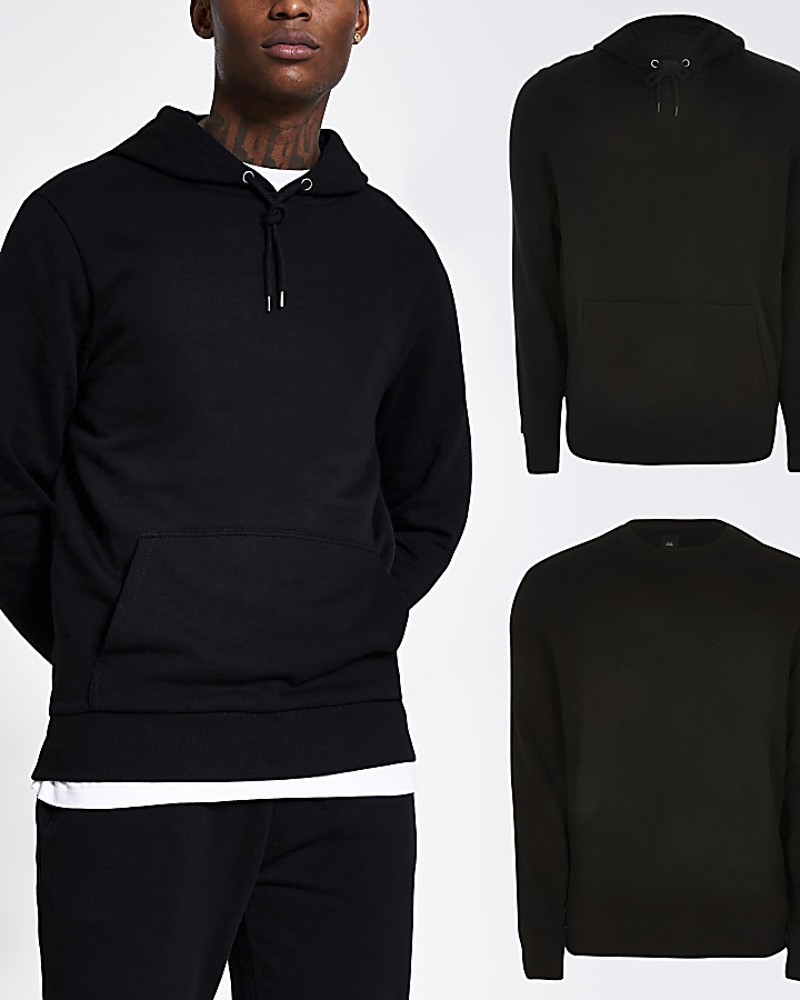 Black slim fit hoodie & sweatshirt set