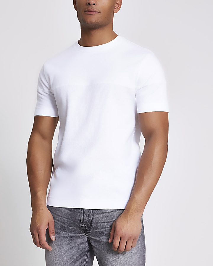 White textured blocked slim fit T-shirt