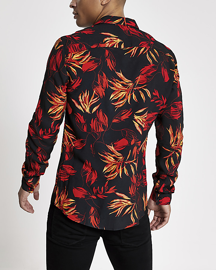 Black floral long sleeve slim fit shirt
