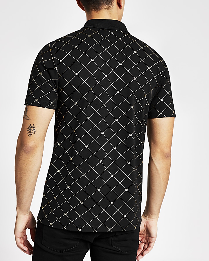 Black RVR printed half zip polo shirt