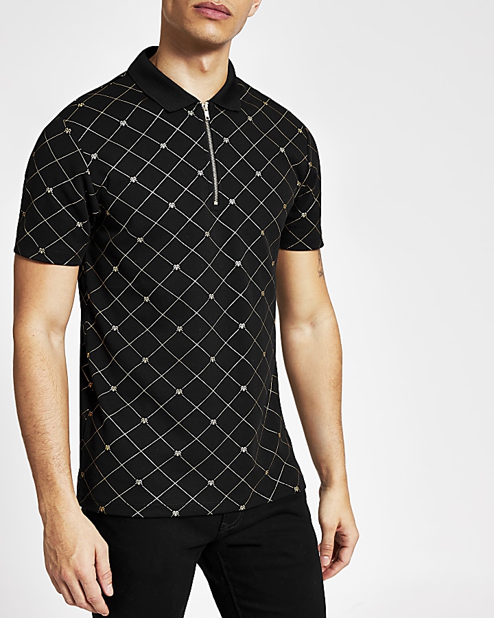 Black RVR printed half zip polo shirt