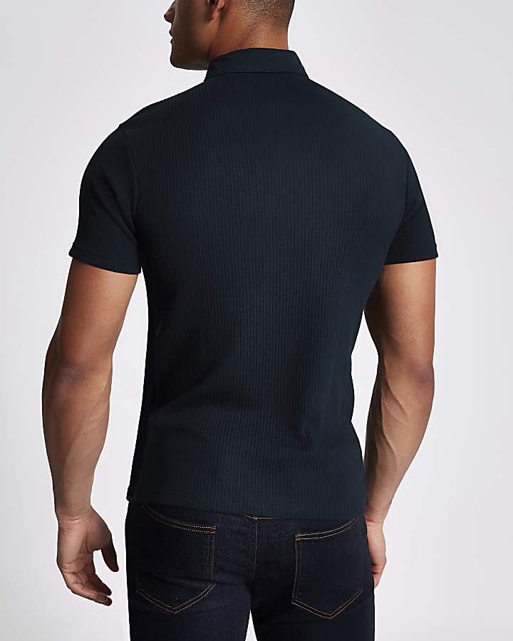 Navy muscle fit ribbed polo top
