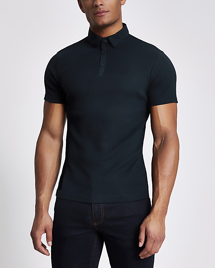 Navy muscle fit ribbed polo top