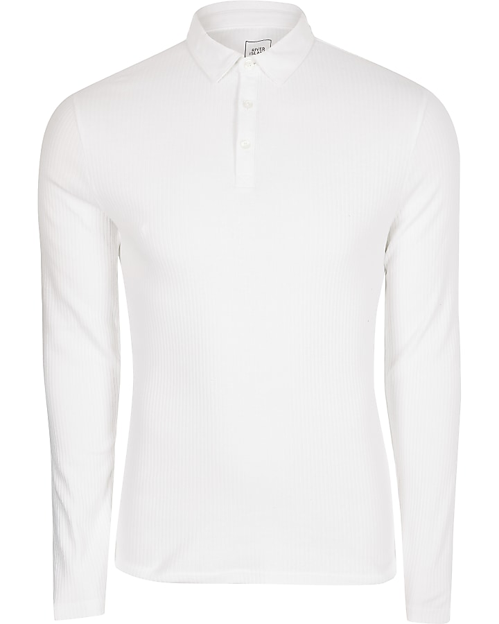 White long sleeve muscle fit rib polo shirt