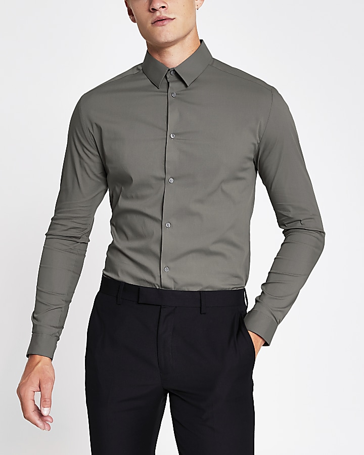 Khaki grandad collar long sleeve shirt