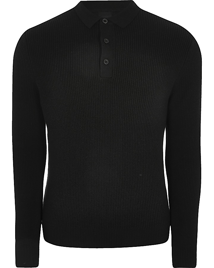 Black long sleeve slim fit knit polo shirt