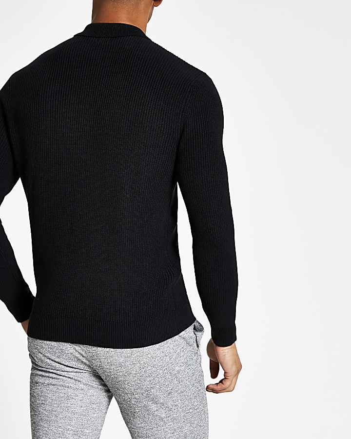 Black long sleeve slim fit knit polo shirt