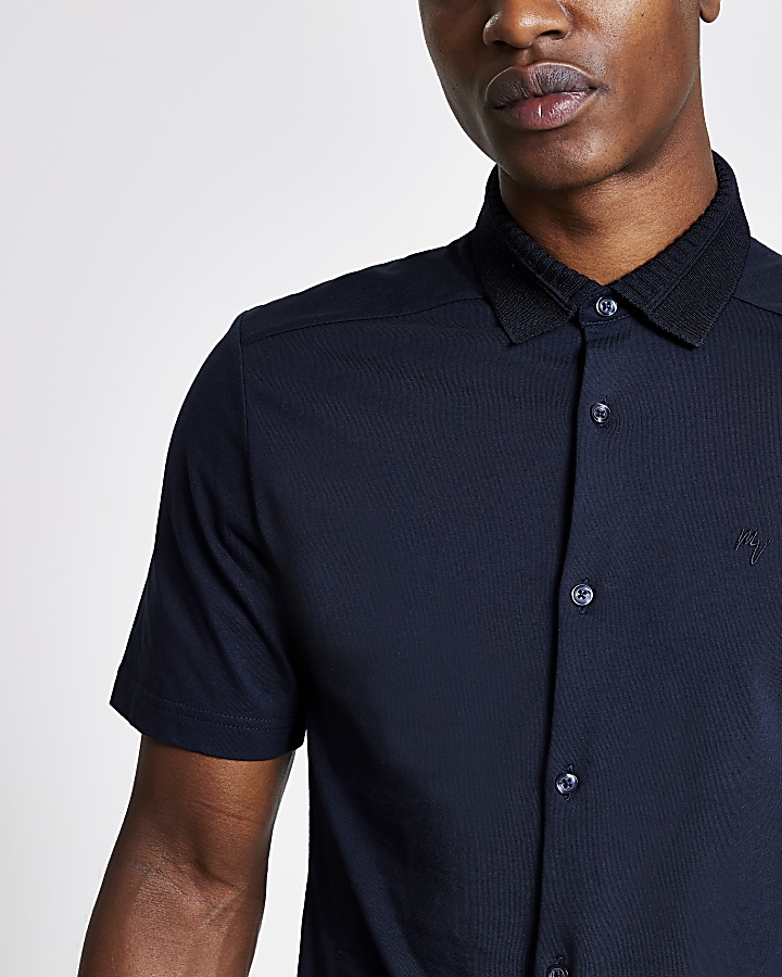 Maison Riviera navy knitted collar polo shirt