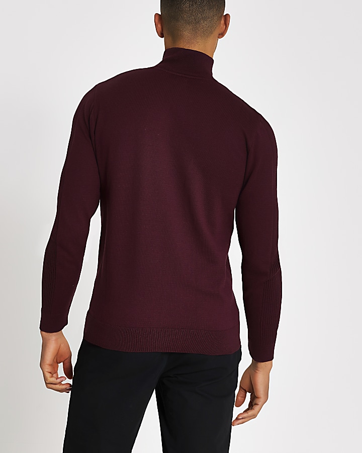 Burgundy half zip slim fit knitted jumper