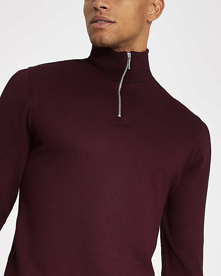 Burgundy half zip slim fit knitted jumper