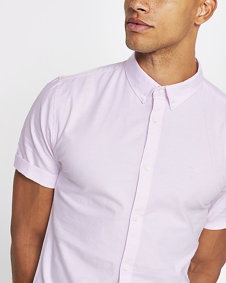 Pink short sleeve muscle fit oxford shirt