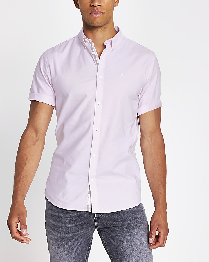 Pink short sleeve muscle fit oxford shirt