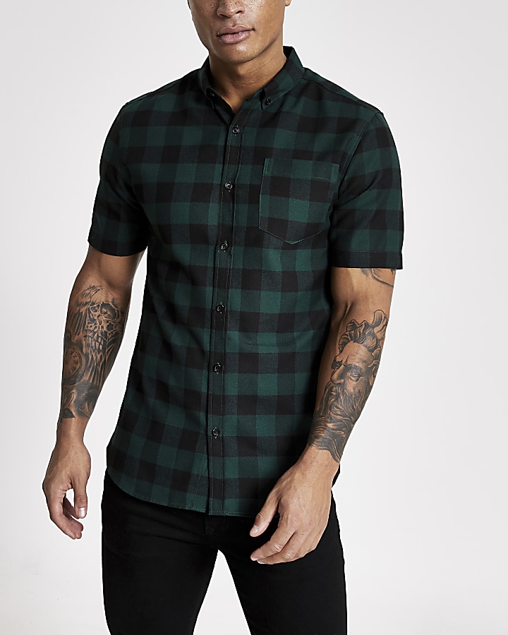 Dark green check regular fit shirt