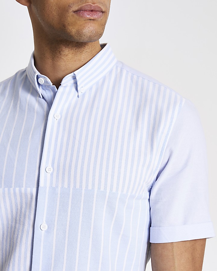 Blue stripe blocked slim fit shirt