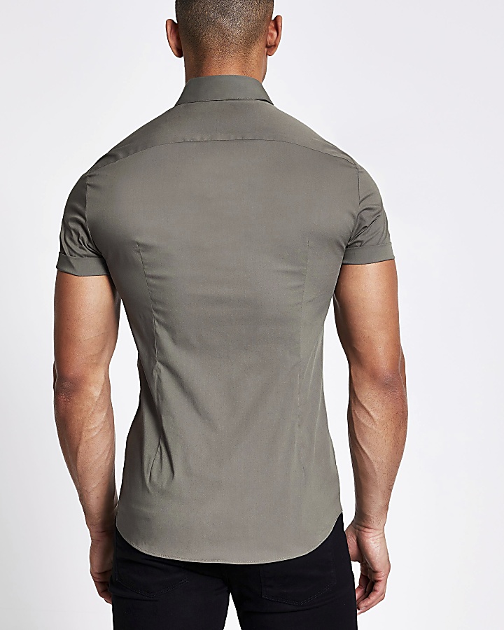 Khaki muscle fit short sleeve shirt