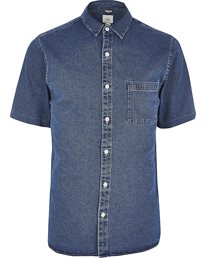Blue short sleeve regular fit denim shirt