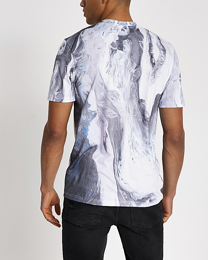 White slim fit marble print T-shirt