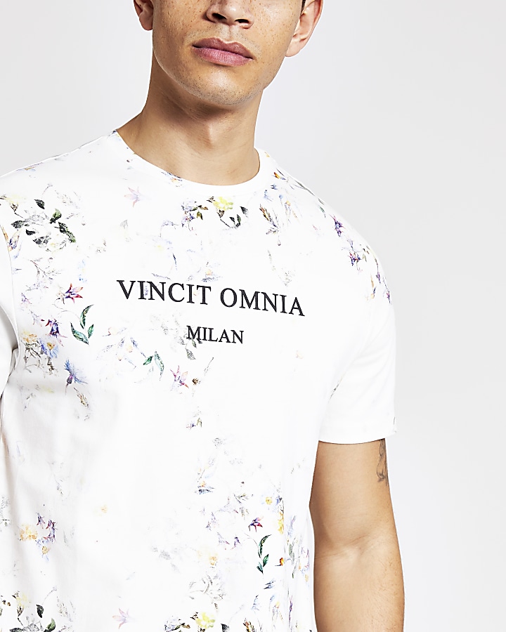 Ecru floral printed slim fit T-shirt