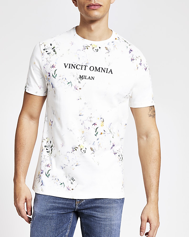 Ecru floral printed slim fit T-shirt