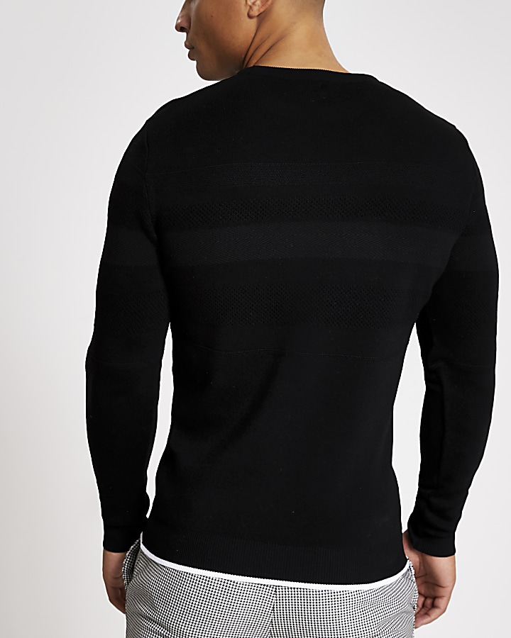 Black muscle fit long sleeve knitted top
