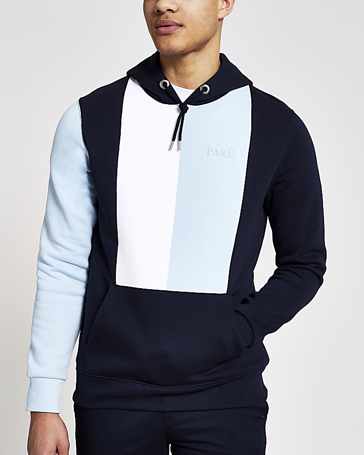 Navy colour blocked 'Paris' slim fit hoodie