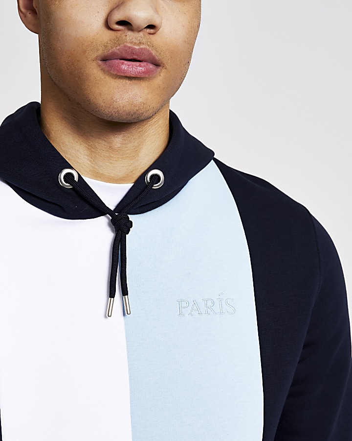 Navy colour blocked 'Paris' slim fit hoodie