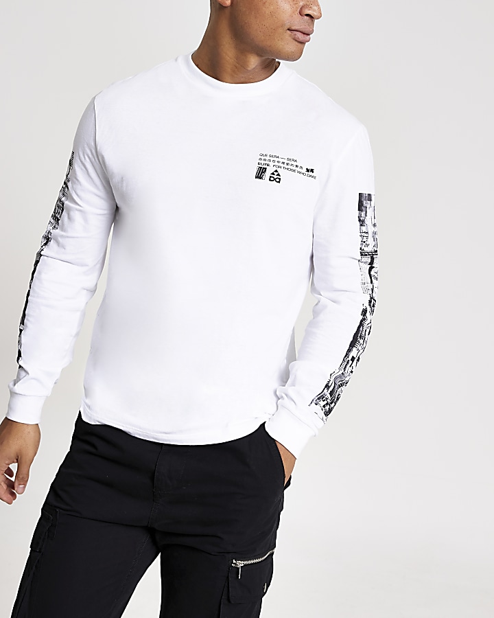 White printed long sleeve slim fit T-shirt