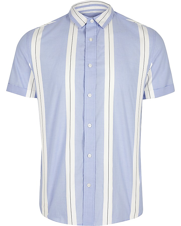 Blue striped slim fit short sleeve shirt