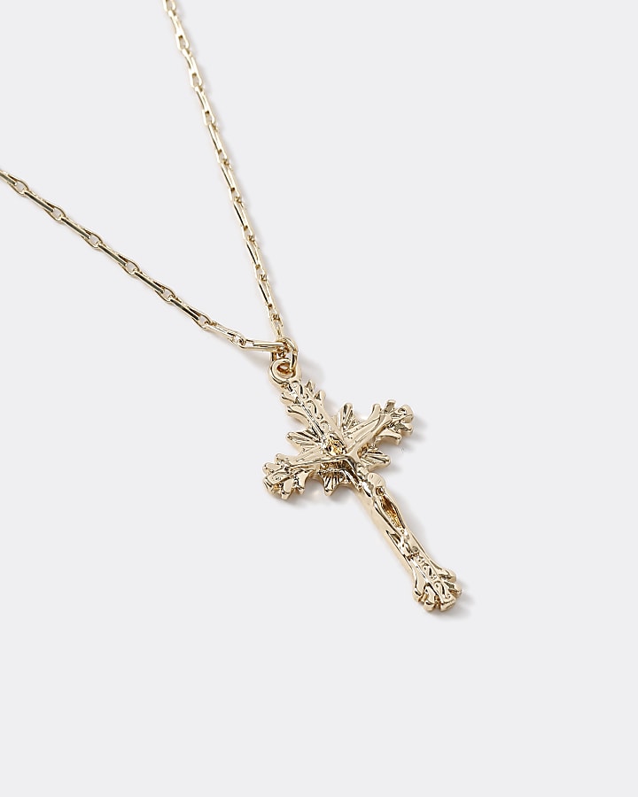 Gold colour ornate cross pendant necklace