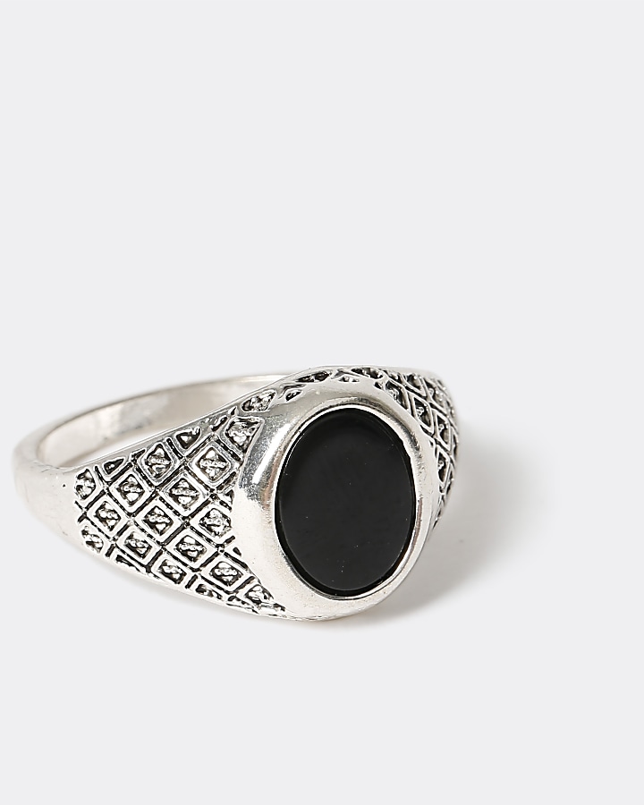 Silver colour black stone engraved ring