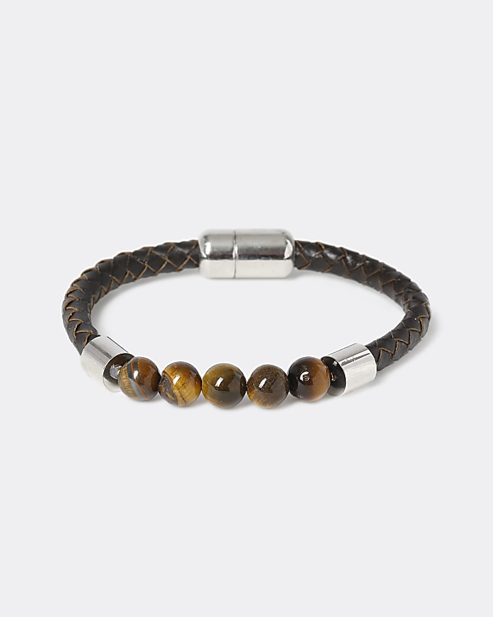 Brown leather tiger bead wristband