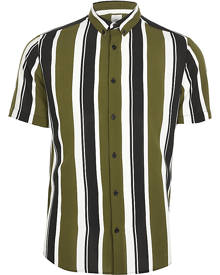 Green stripe short sleeve slim fit shirt