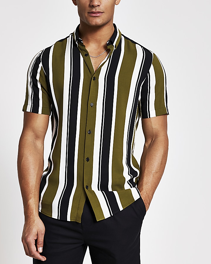 Green stripe short sleeve slim fit shirt