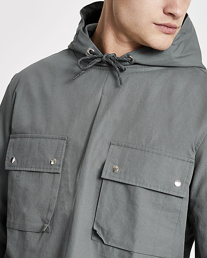 Blue hooded double pocket overhead jacket