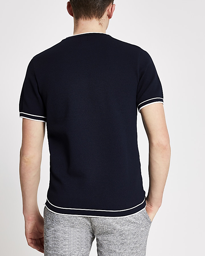 Navy slim fit tipped knitted T-shirt