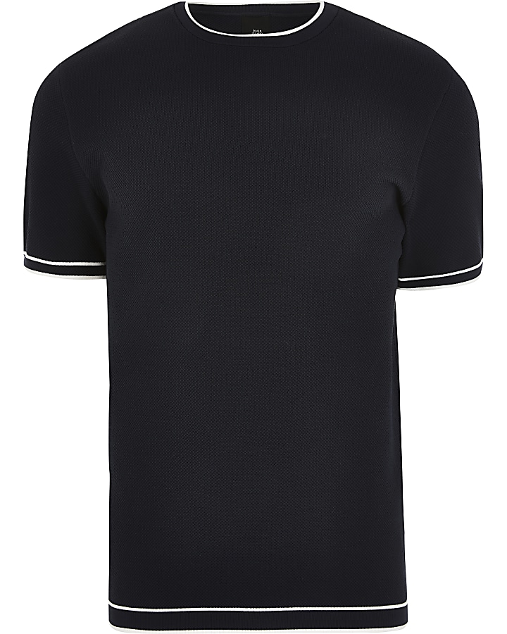 Navy slim fit tipped knitted T-shirt