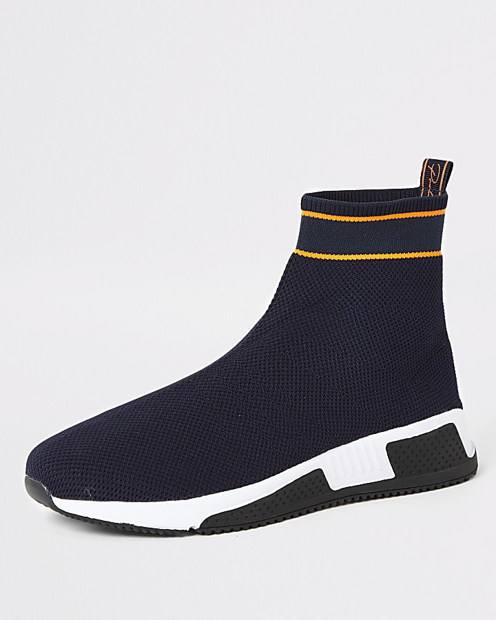 Prolific navy knitted high top sock trainers