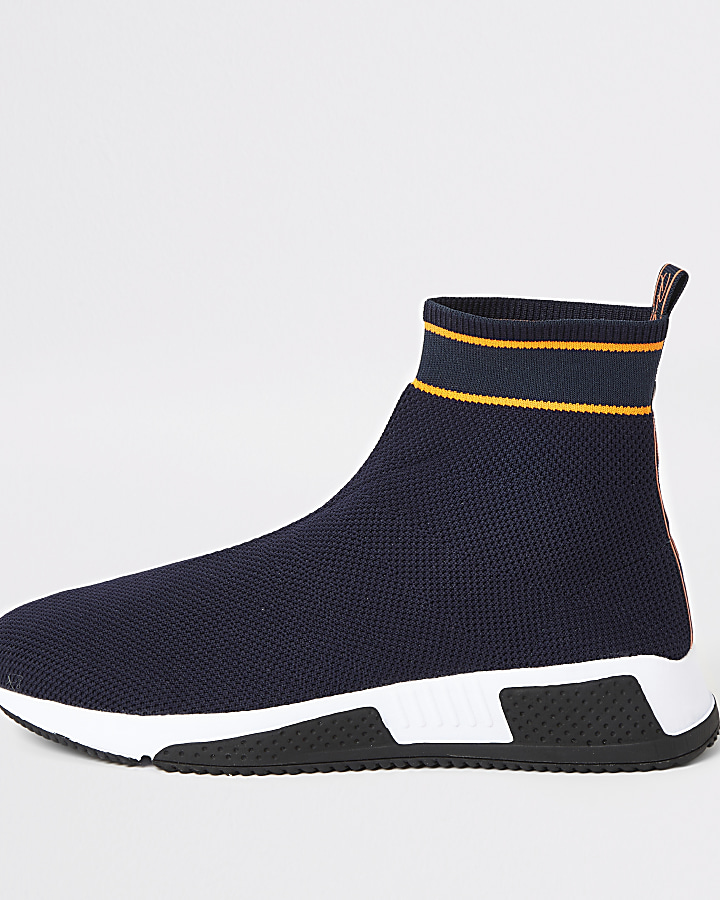 Prolific navy knitted high top sock trainers