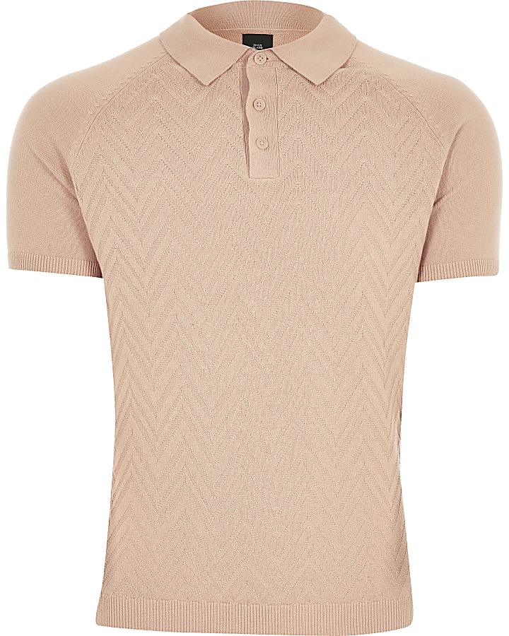 Pink slim fit knitted short sleeve polo shirt
