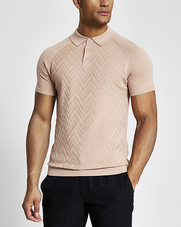 Pink slim fit knitted short sleeve polo shirt