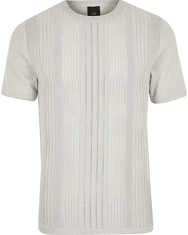 Grey slim fit pointelle knitted T-shirt