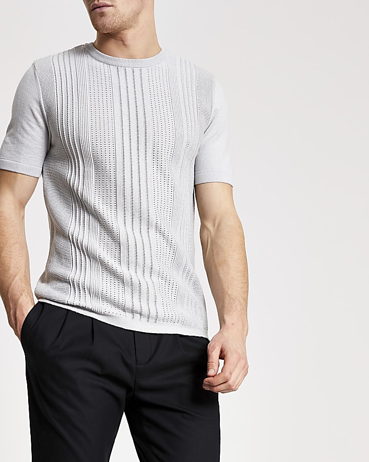 Grey slim fit pointelle knitted T-shirt