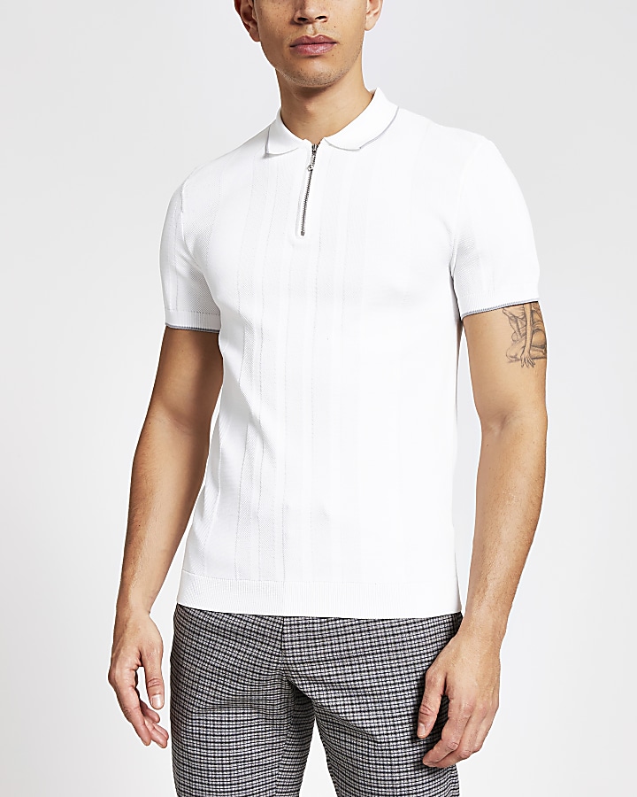White muscle fit half zip knitted polo shirt